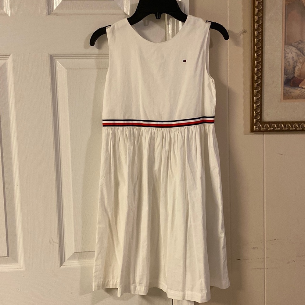 girls white dress. Size 10 around the waist, red blue and white colors.